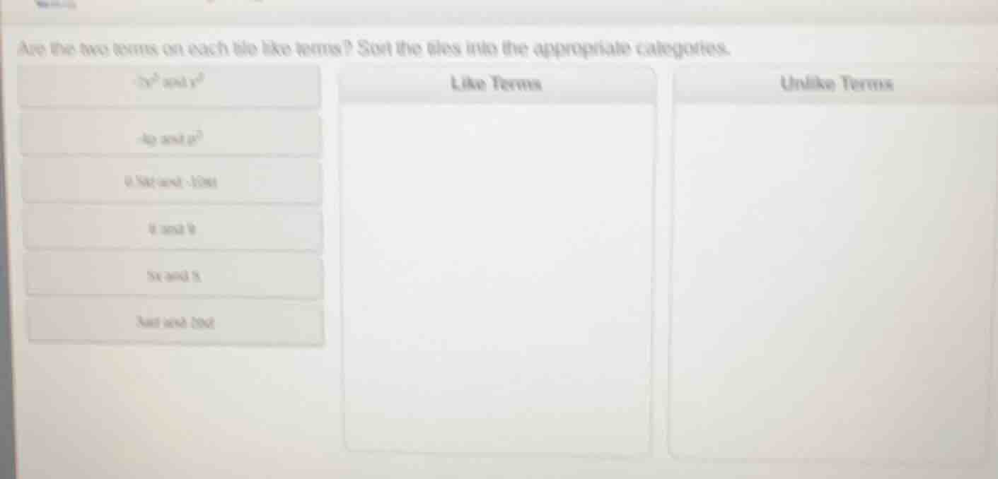 are the two terms on each tile like terms? sort the tiles into the appr…