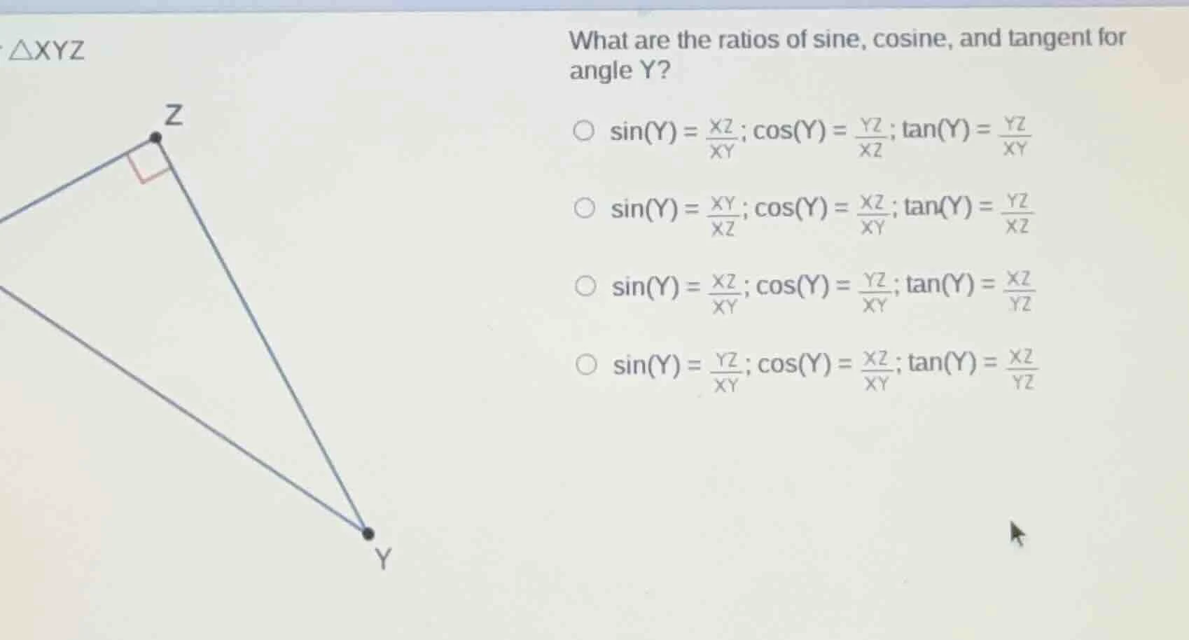 △xyz what are the ratios of sine, cosine, and tangent for angle y? ○ $s…