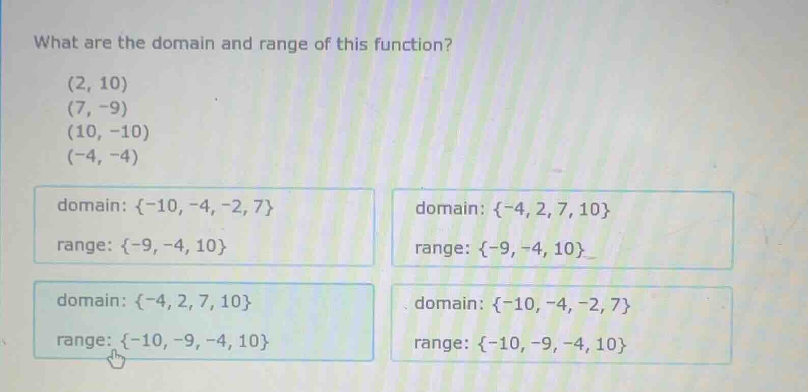 what are the domain and range of this function? (2, 10) (7, -9) (10, -1…