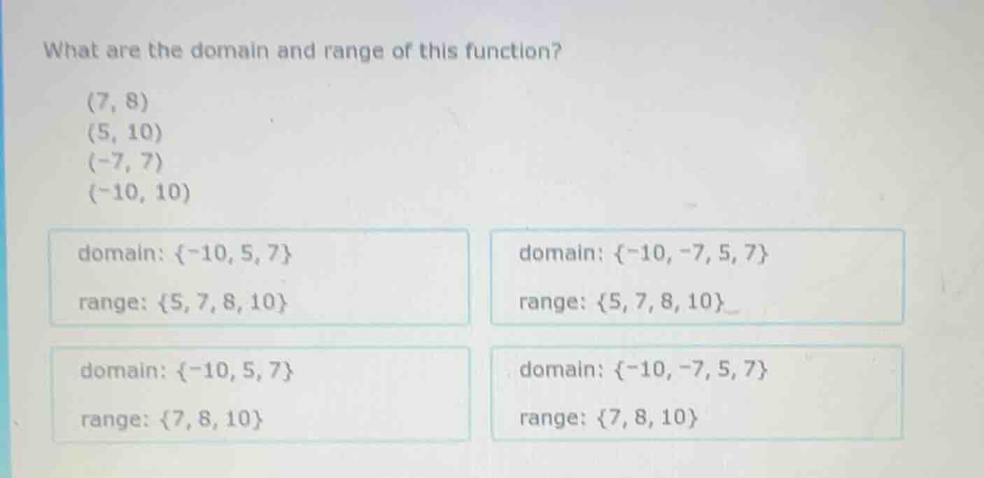 what are the domain and range of this function? (7, 8) (5, 10) (-7, 7) …