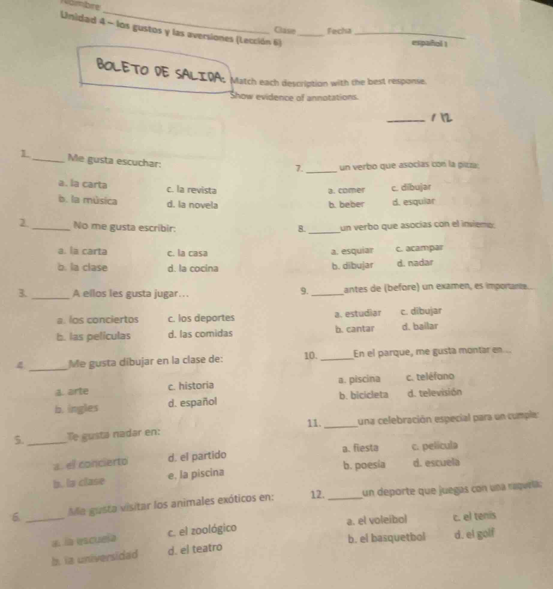 nombre ______ clase ______ fecha ______ español 1 unidad 4 – los gustos…