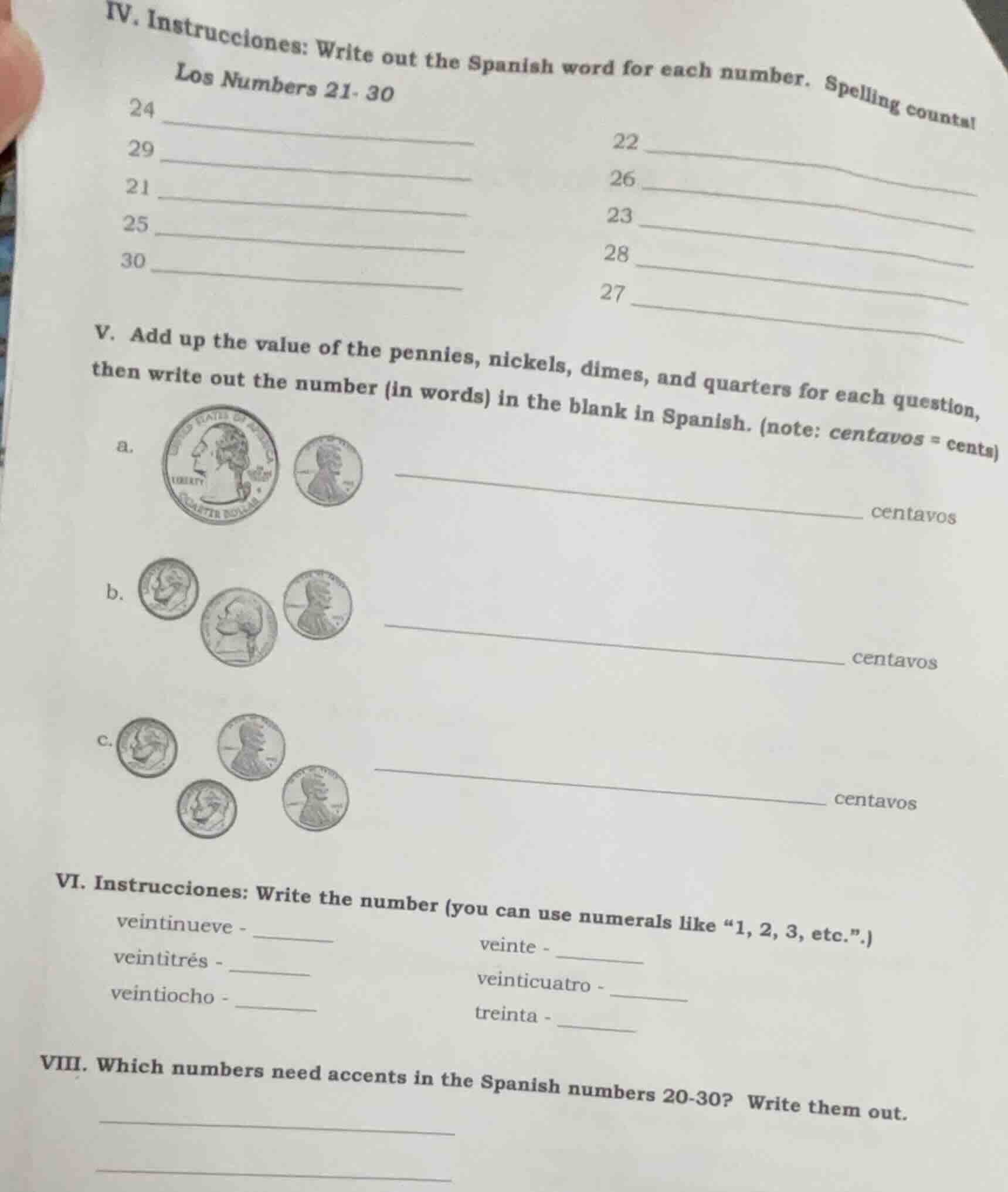 iv. instrucciones: write out the spanish word for each number. spelling…
