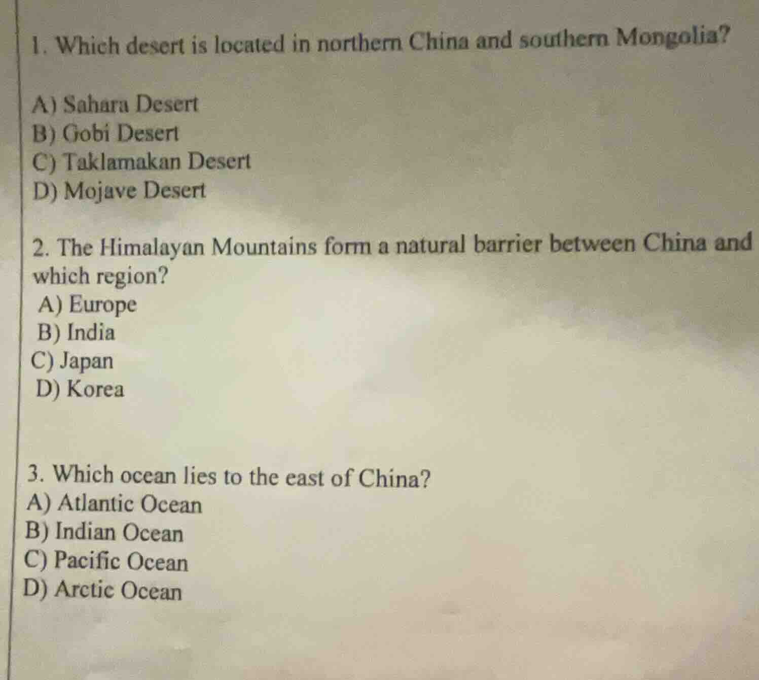 1. which desert is located in northern china and southern mongolia? a) …