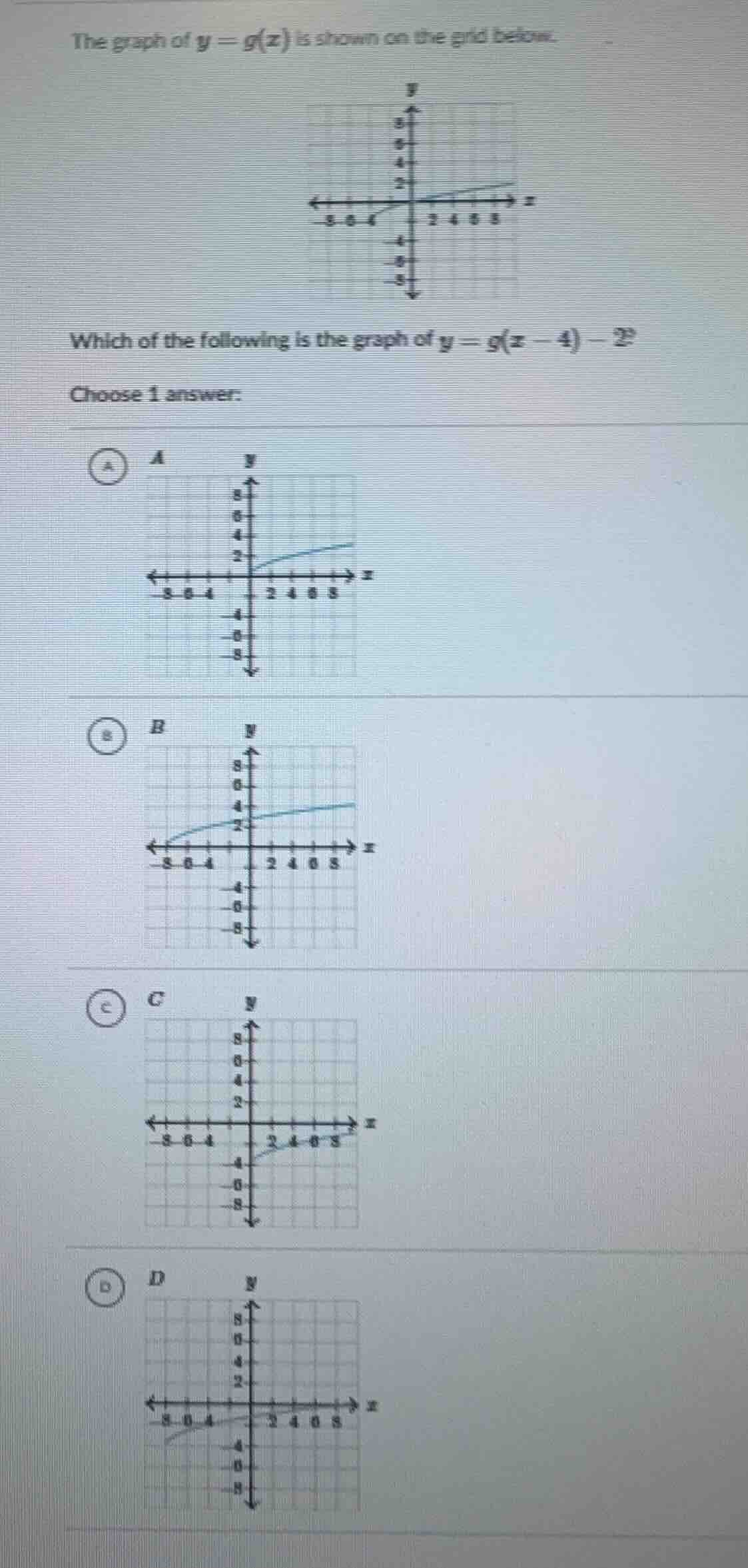 the graph of $y = g(x)$ is shown on the grid below. graph of y = g(x) w…
