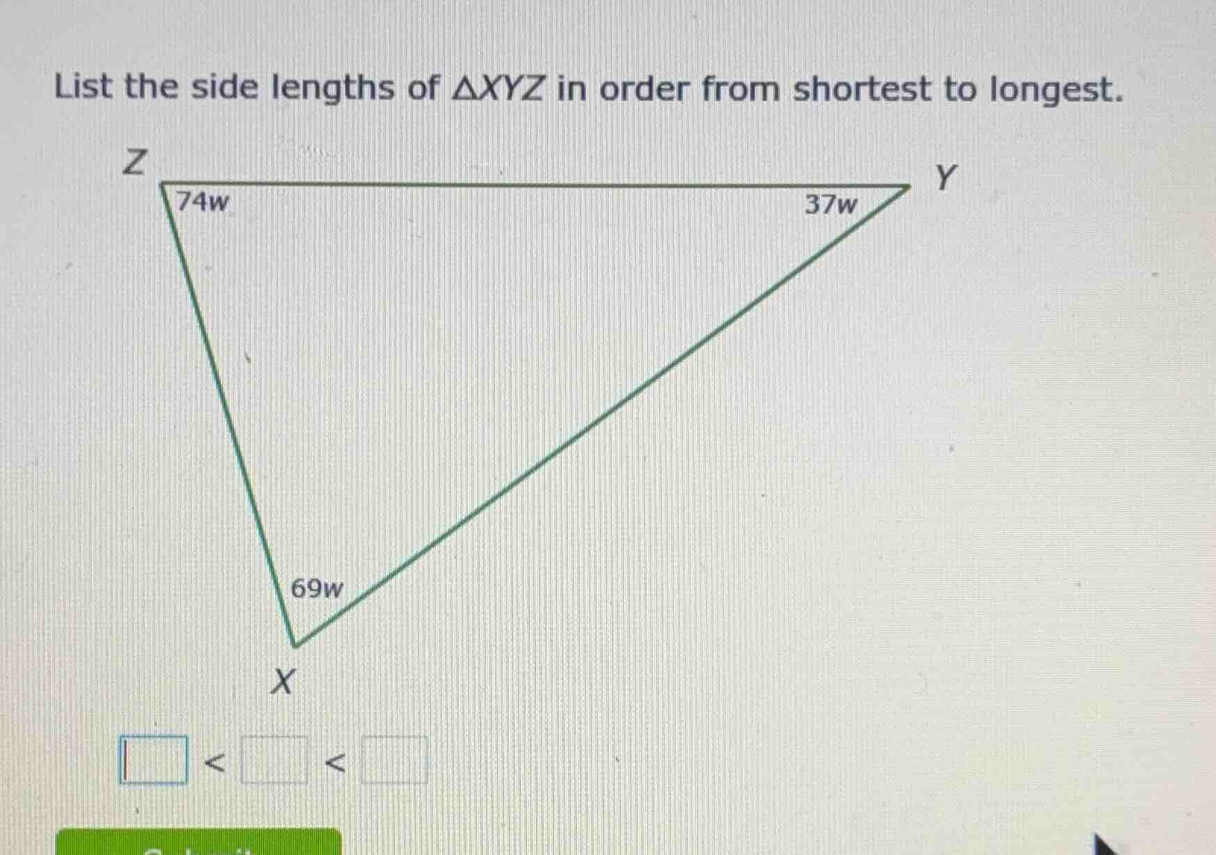 list the side lengths of δxyz in order from shortest to longest. z 74w …