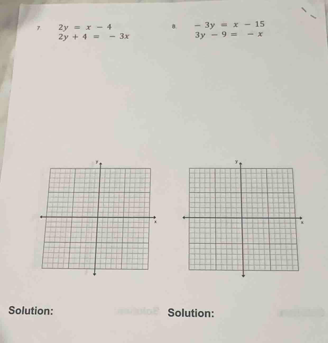 7. \\(\\begin{cases}2y = x - 4 \\\\ 2y + 4 = - 3x\\end{cases}\\)\ 8. \\…