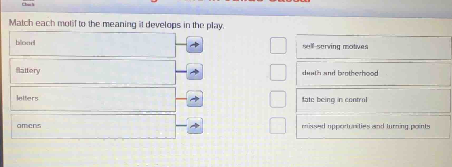match each motif to the meaning it develops in the play. blood flattery…