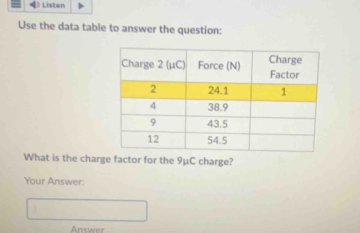 use the data table to answer the question: | charge 2 (μc) | force (n) …