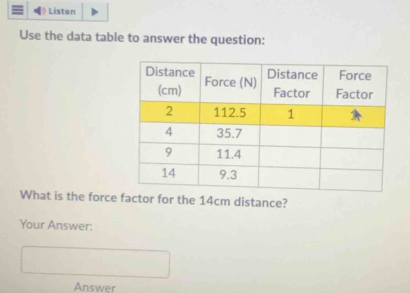use the data table to answer the question: | distance (cm) | force (n) …