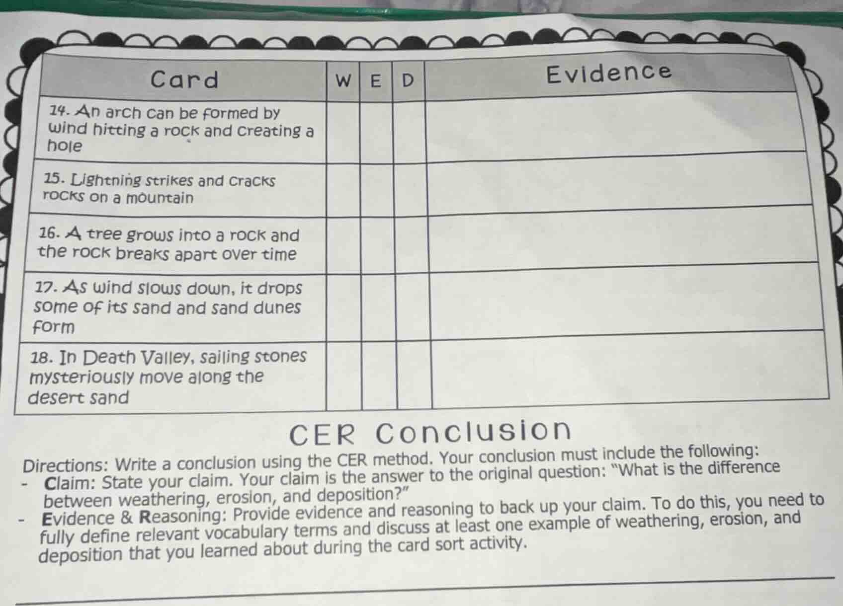 card w e d evidence 14. an arch can be formed by wind hitting a rock an…