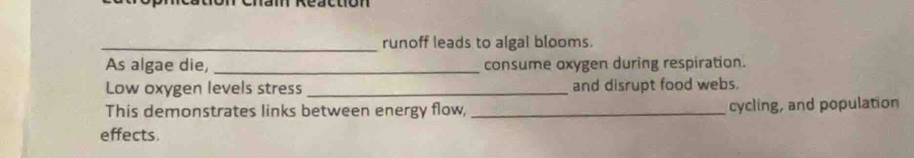 runoff leads to algal blooms. as algae die, consume oxygen during respi…