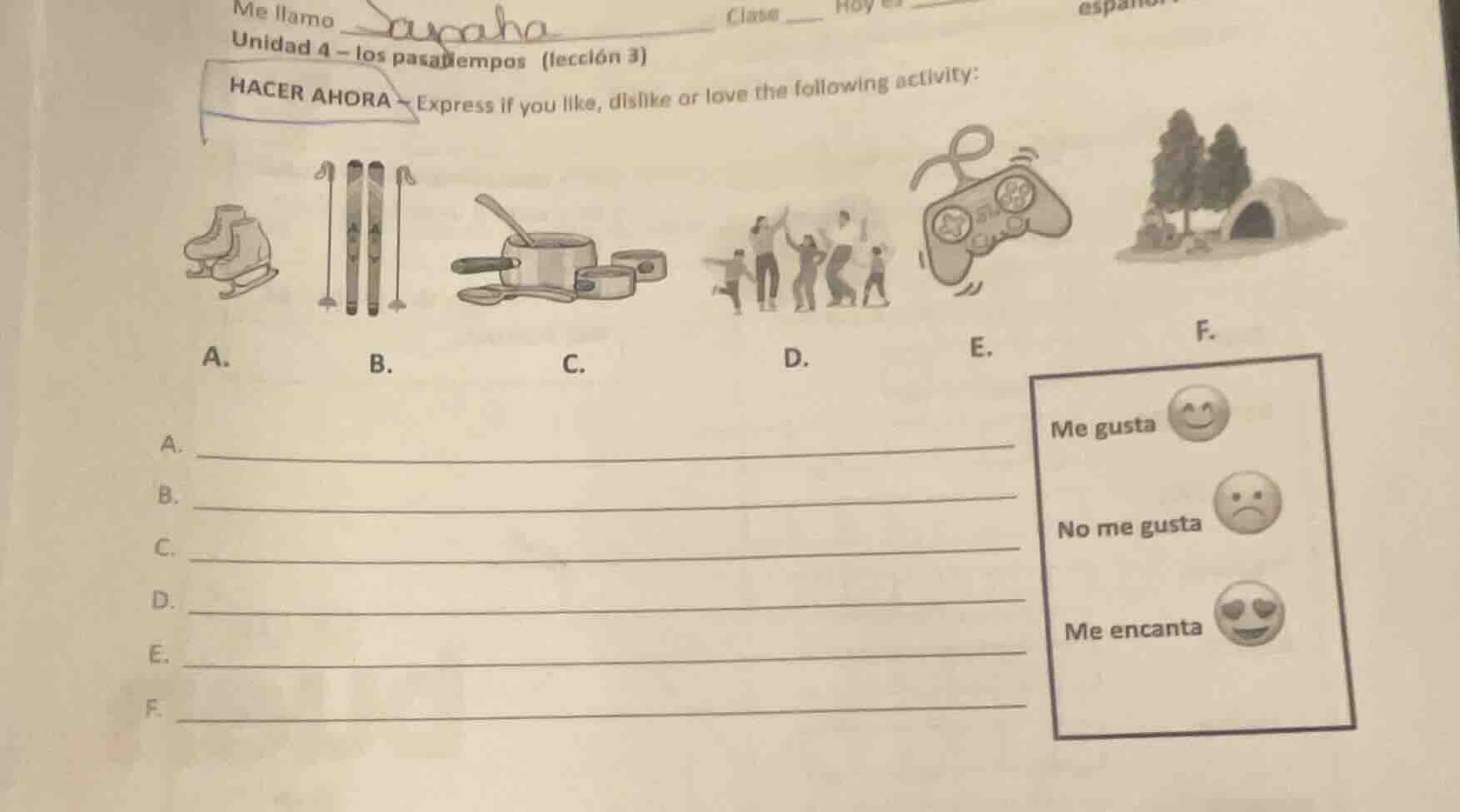 me llamo _ clase __ hoy es __ español unidad 4 – los pasatiempos (lecci…