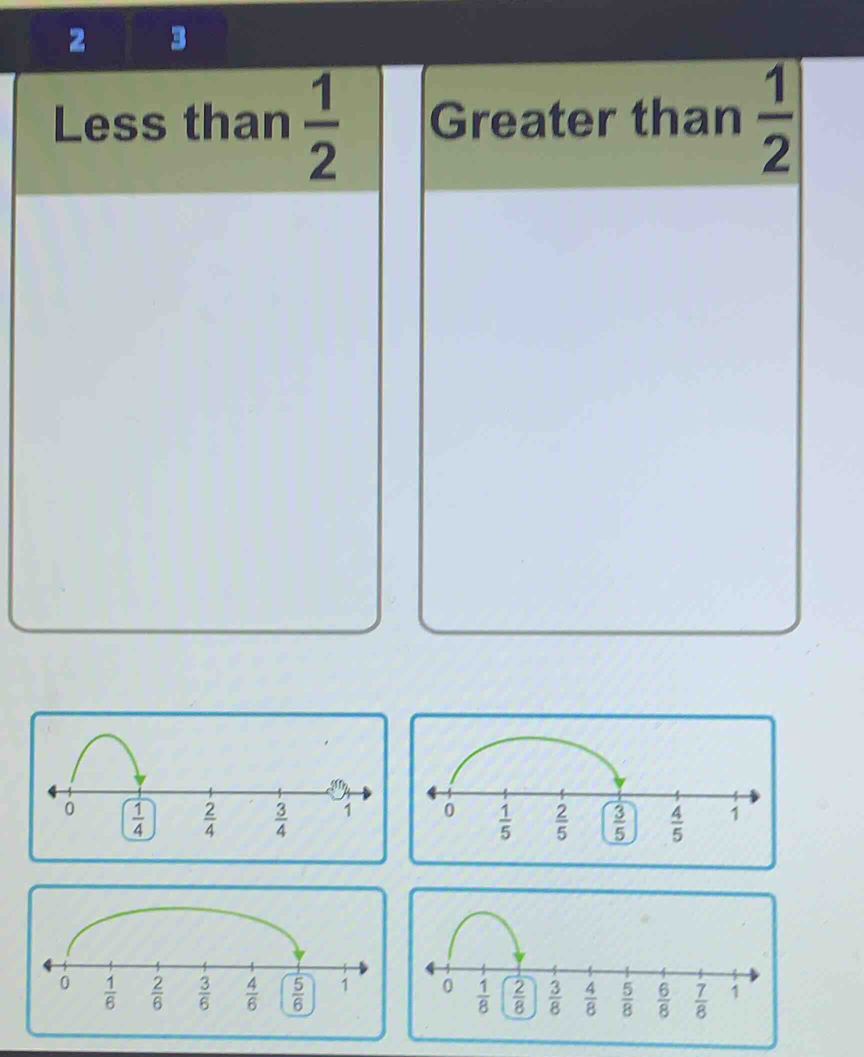 less than \\(\frac{1}{2}\\) greater than \\(\frac{1}{2}\\) \\(\frac{1}{…