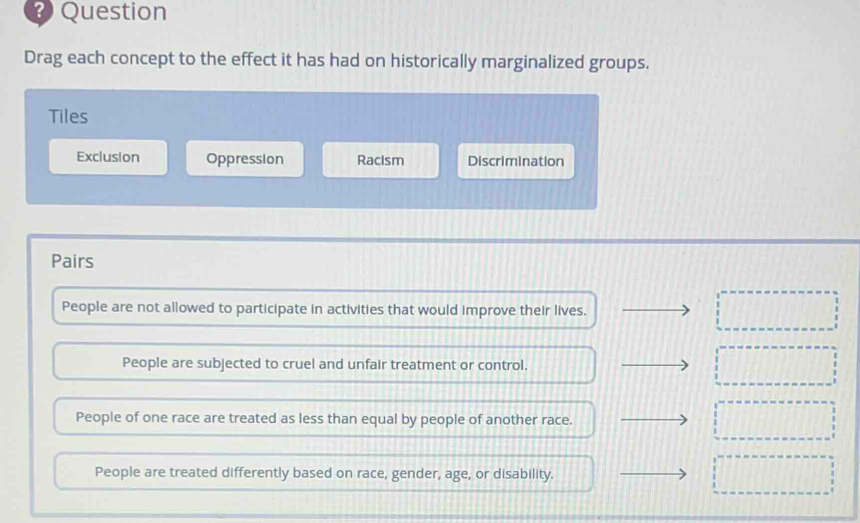 question drag each concept to the effect it has had on historically mar…