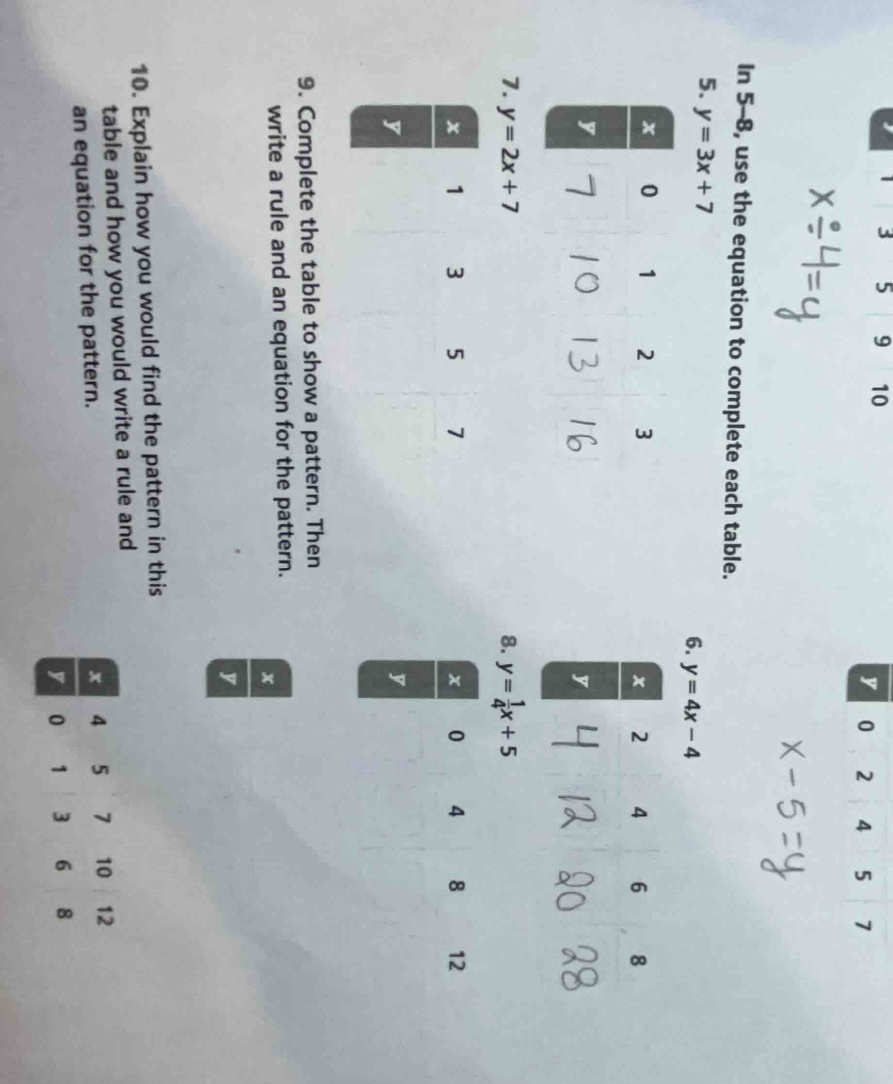 in 5–8, use the equation to complete each table. 5. ( y = 3x + 7 ) | ( …