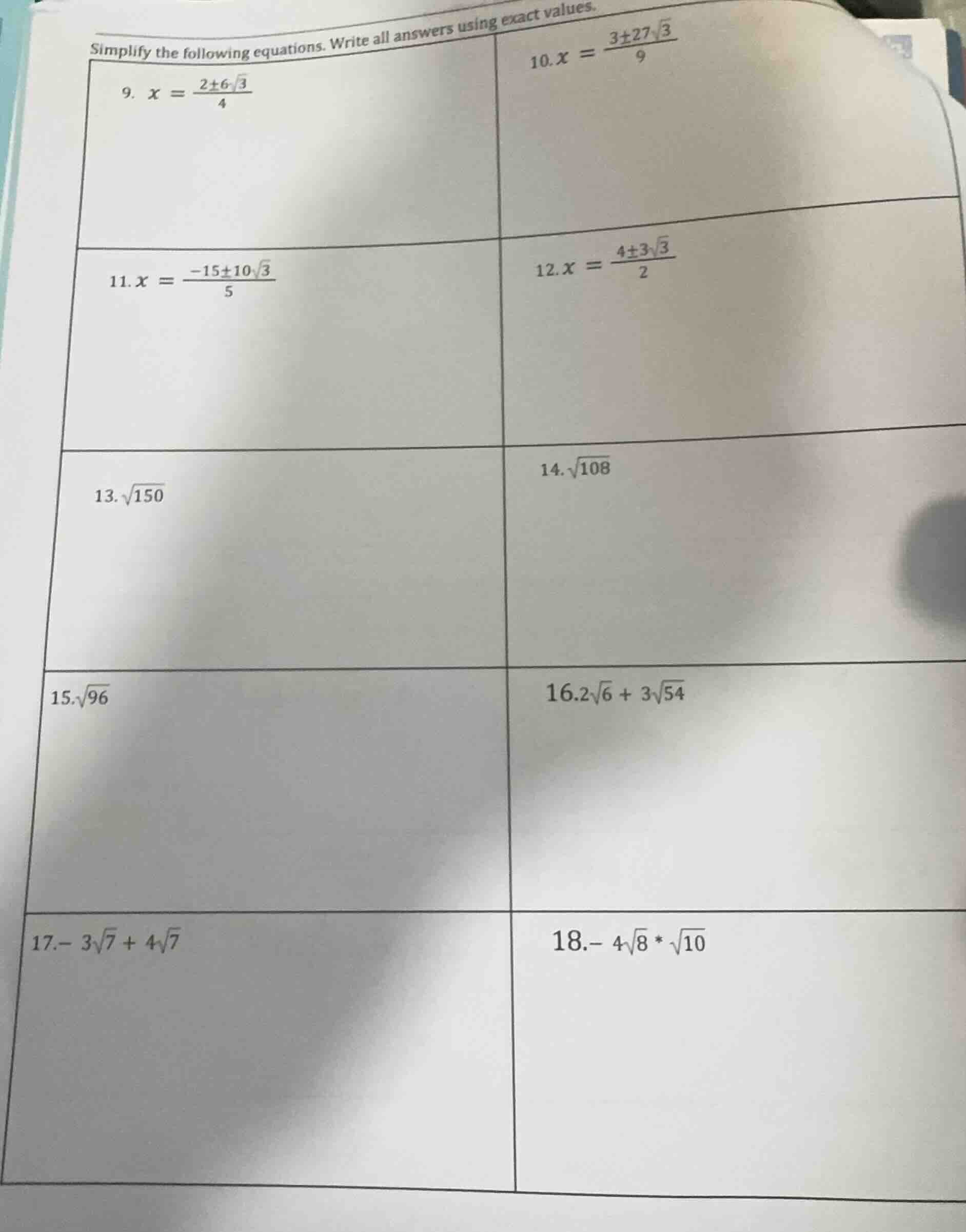 simplify the following equations. write all answers using exact values.…