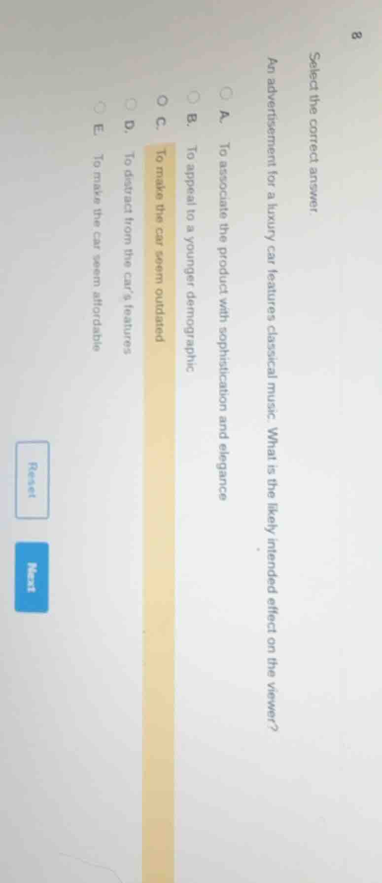 select the correct answer. an advertisement for a luxury car features c…