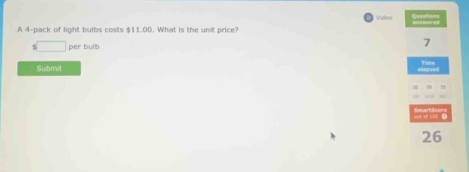 a 4-pack of light bulbs costs $11.00. what is the unit price? $\\boxed{…