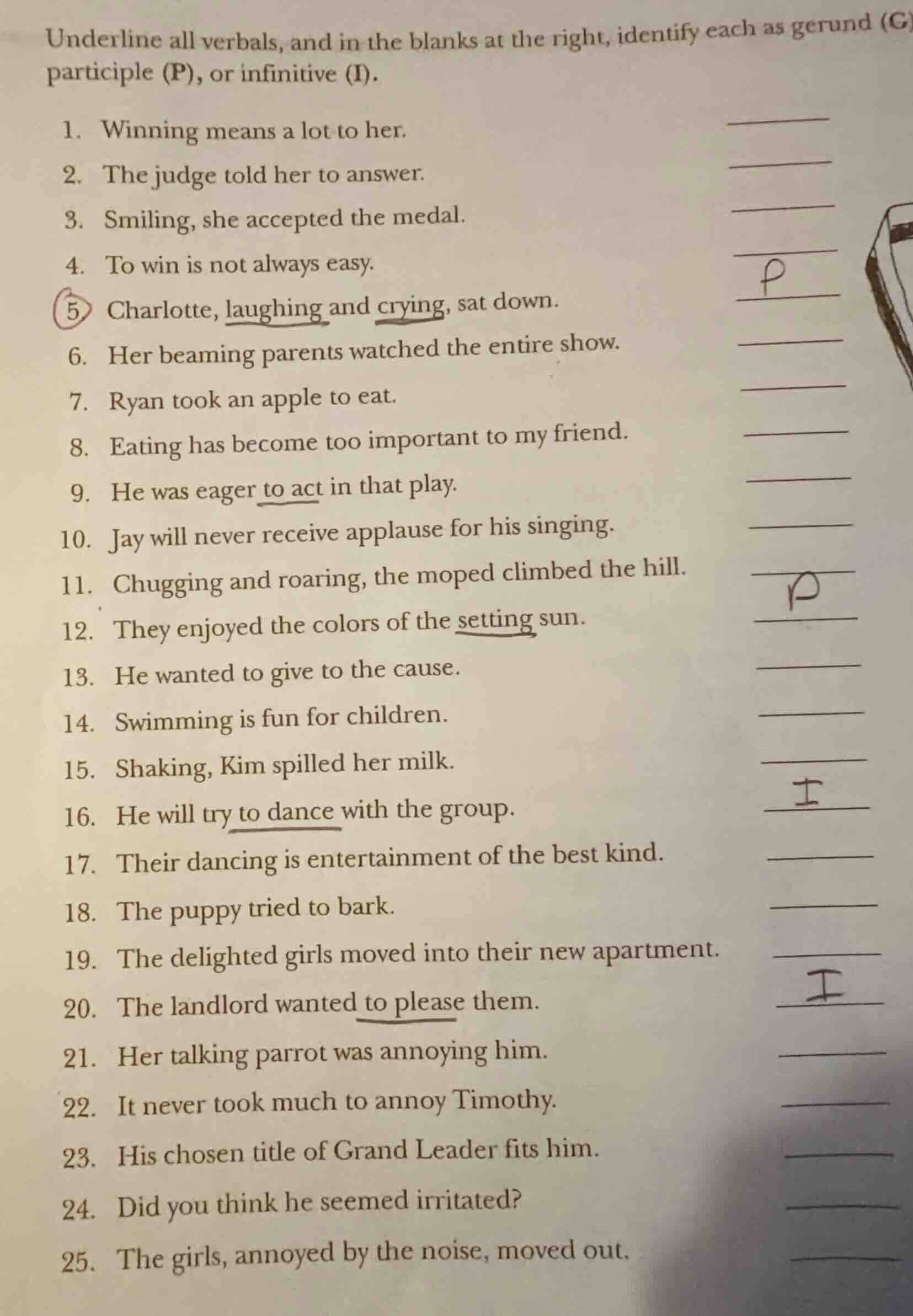 underline all verbals, and in the blanks at the right, identify each as…