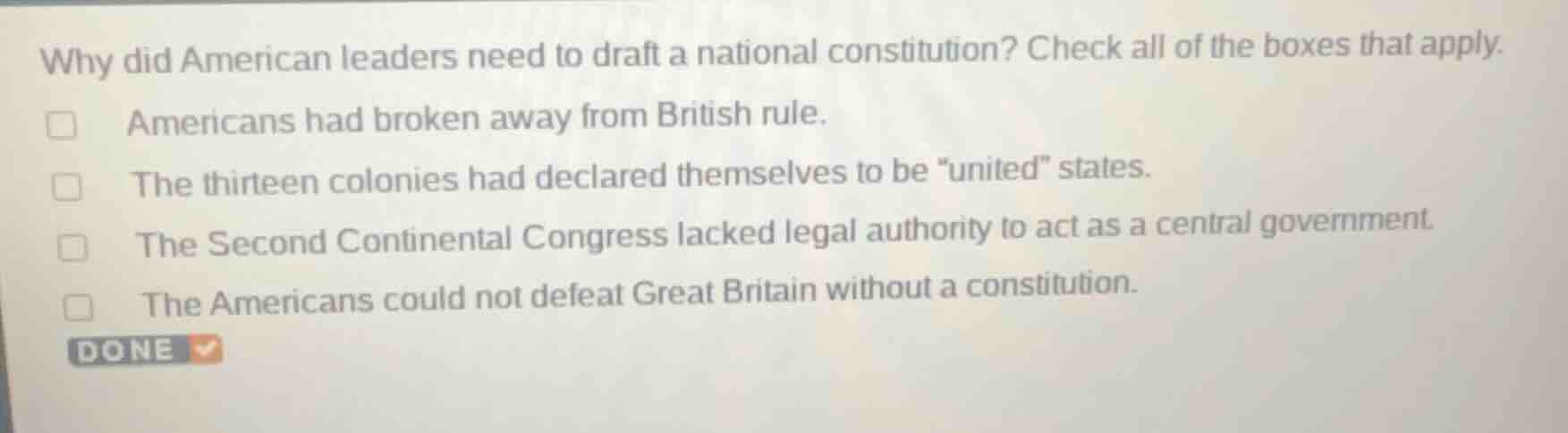 why did american leaders need to draft a national constitution? check a…