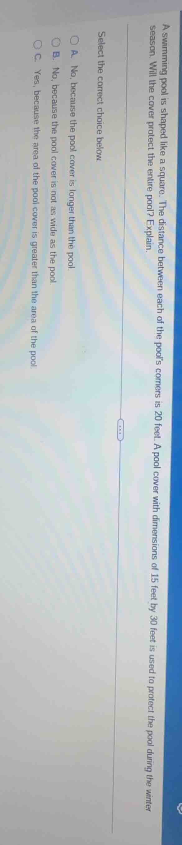 a swimming pool is shaped like a square. the distance between each of t…