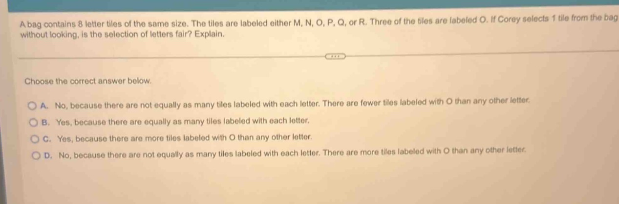 a bag contains 8 letter tiles of the same size. the tiles are labeled e…