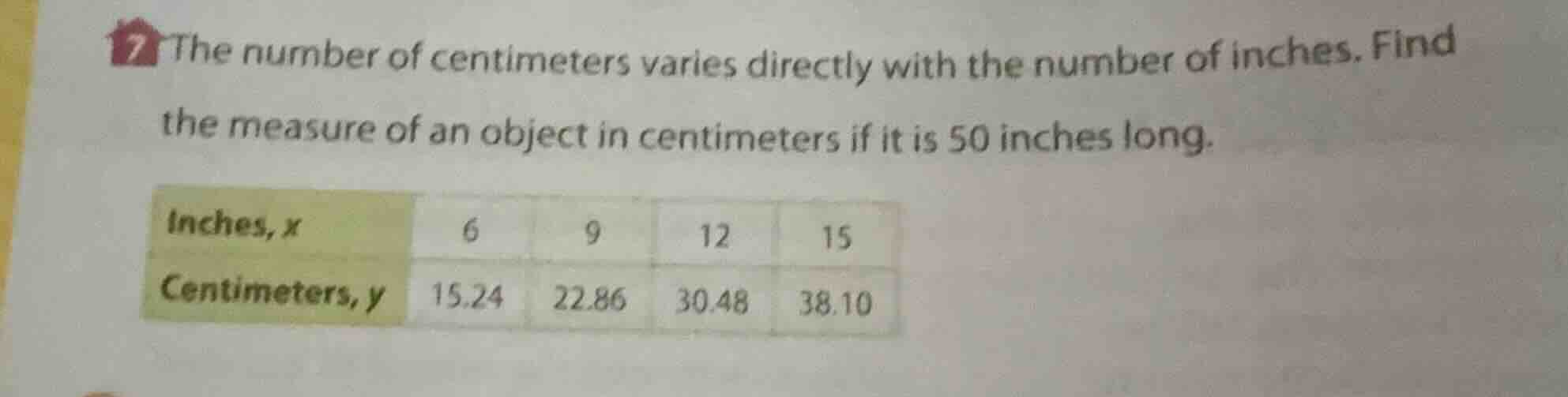 7 the number of centimeters varies directly with the number of inches. …