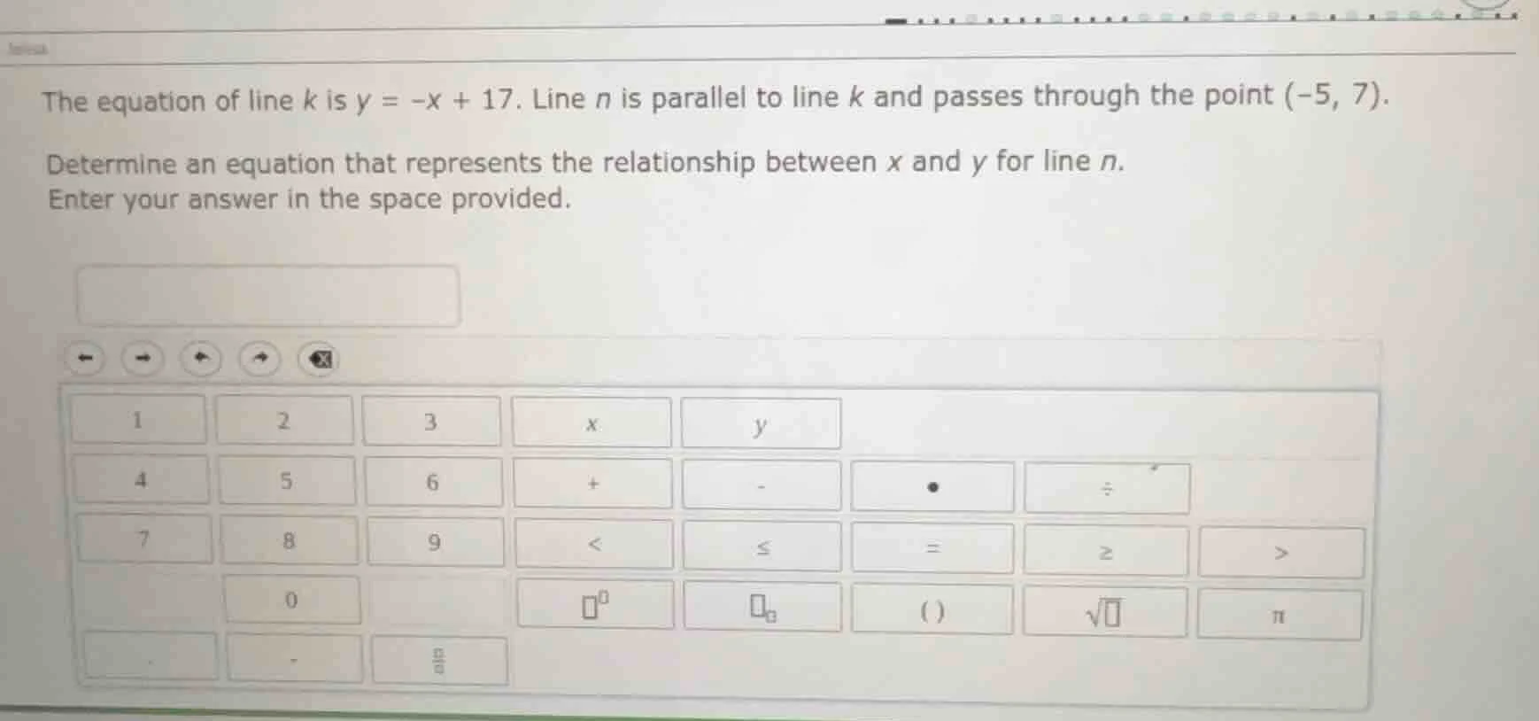 the equation of line k is $y = -x + 17$. line n is parallel to line k a…
