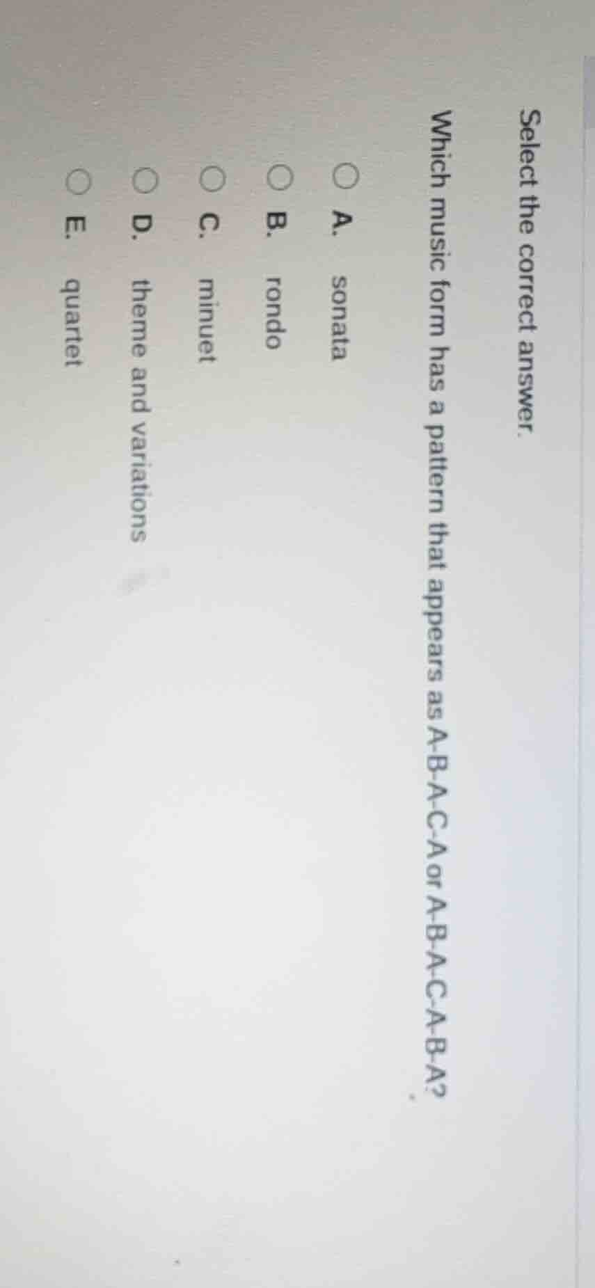 select the correct answer. which music form has a pattern that appears …