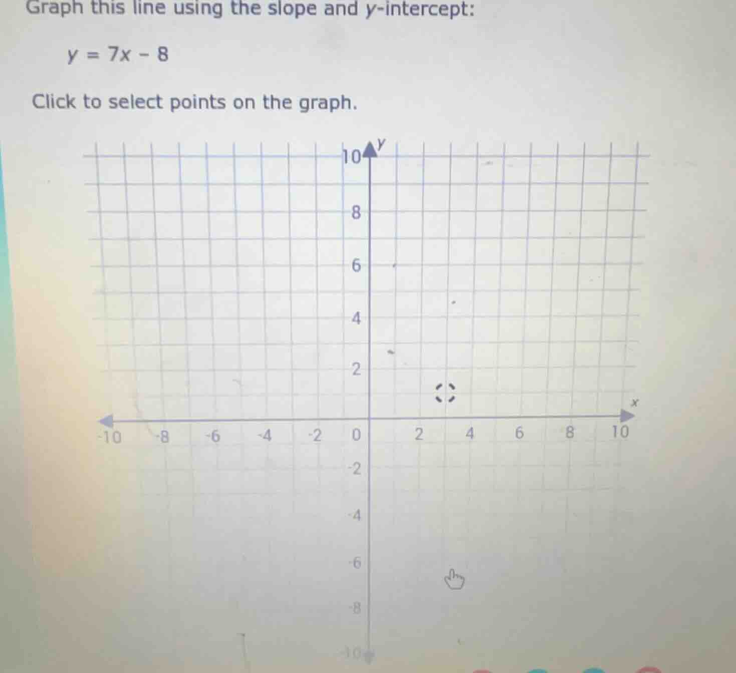 graph this line using the slope and y-intercept: y = 7x - 8 click to se…