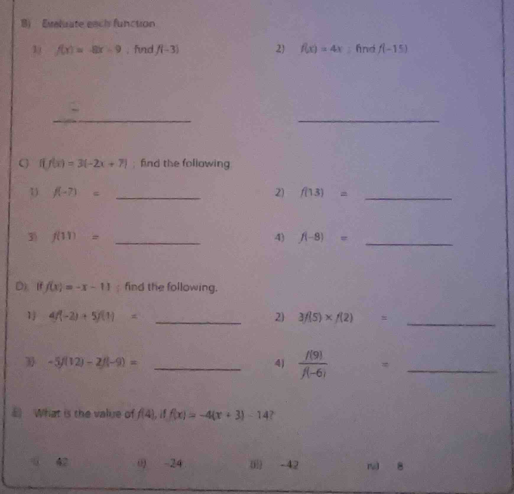 b) evaluate each function 1) $f(x) = 8x - 9$ ; find $f(-3)$ 2) $f(x) = …