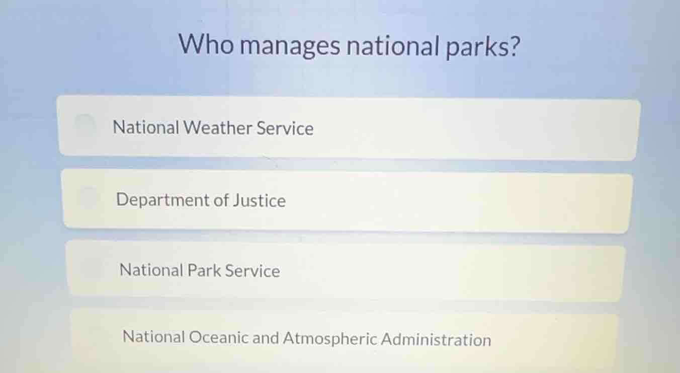 who manages national parks? national weather service department of just…