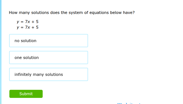how many solutions does the system of equations below have? y = 7x + 5 …