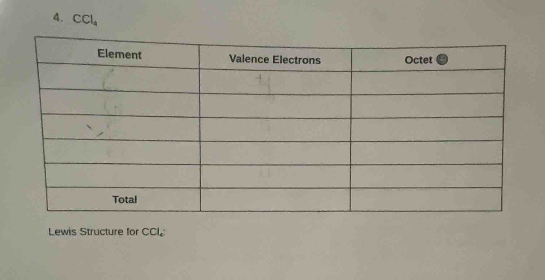 4. ccl₄ | element | valence electrons | octet | | --- | --- | --- | | |…