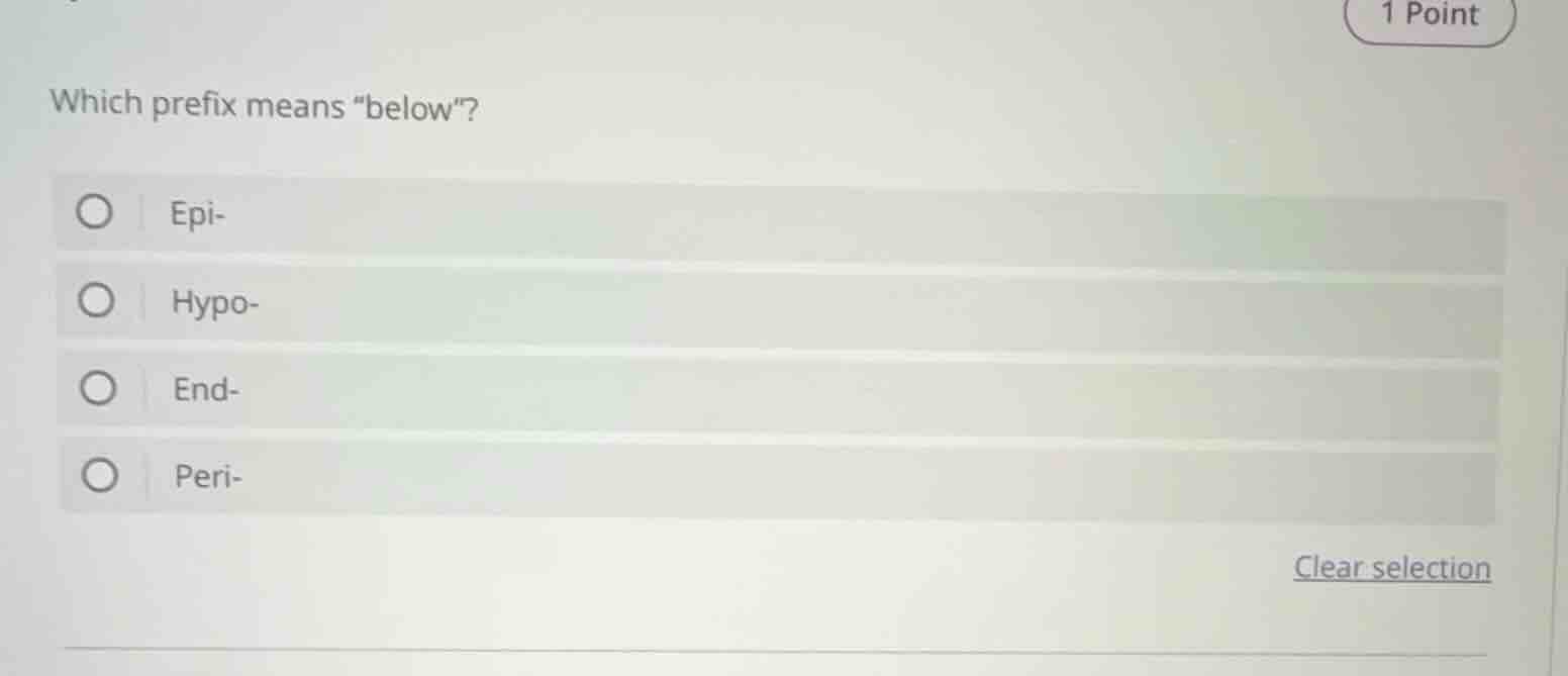 which prefix means \below\? ○ epi- ○ hypo- ○ end- ○ peri-