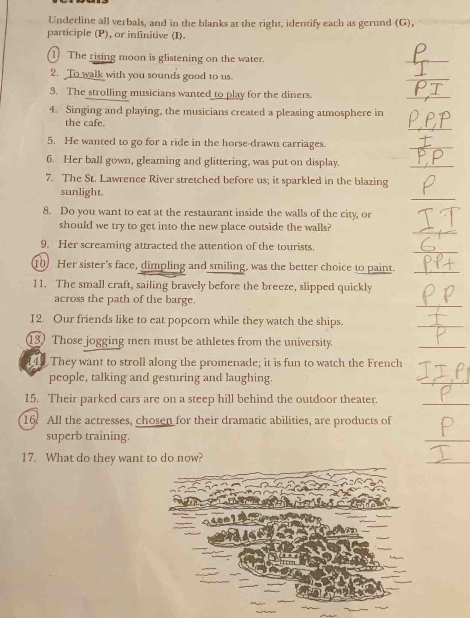 underline all verbals, and in the blanks at the right, identify each as…