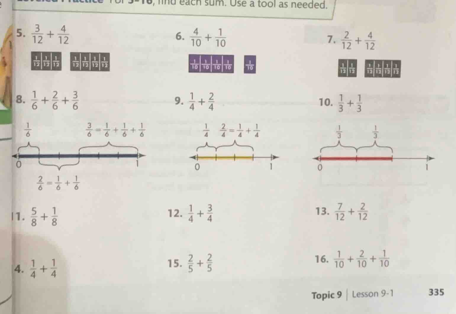 for 5 - 16, find each sum. use a tool as needed. 5. $\frac{3}{12} + \fr…