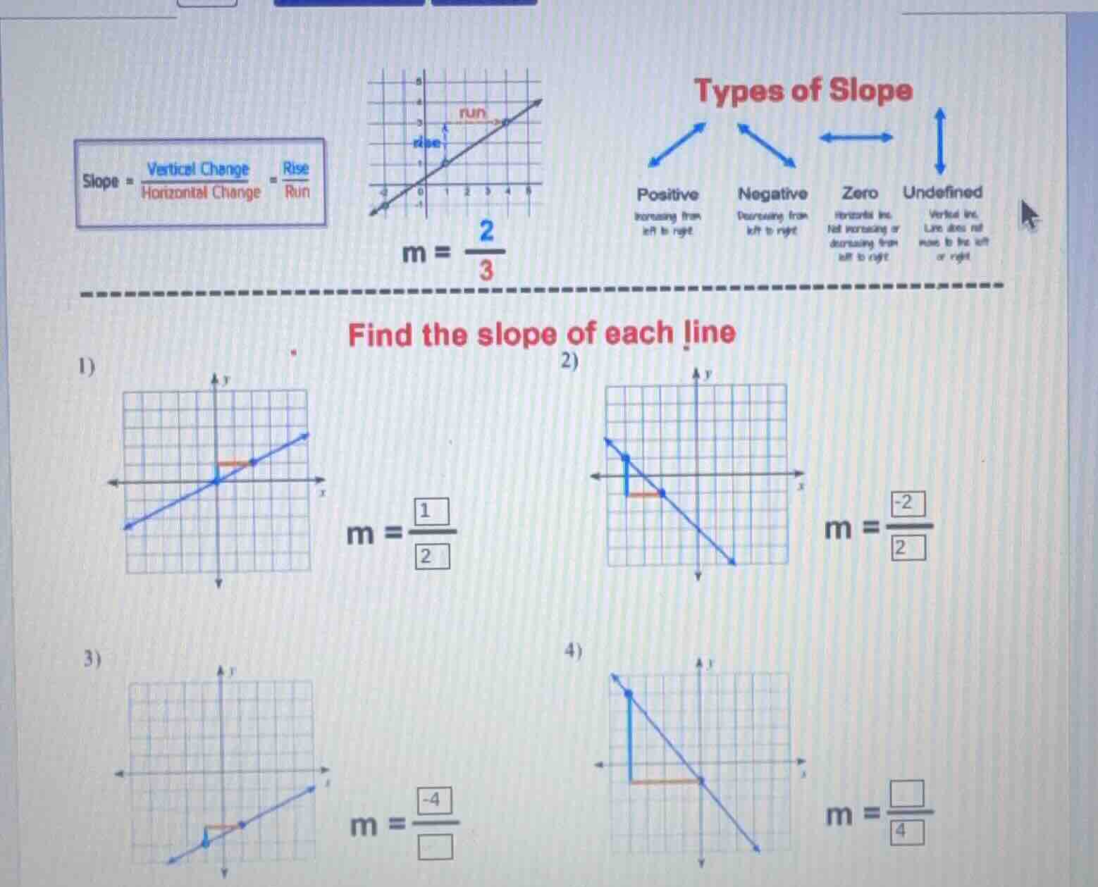 slope = \\frac{vertical change}{horizontal change} = \\frac{rise}{run} …