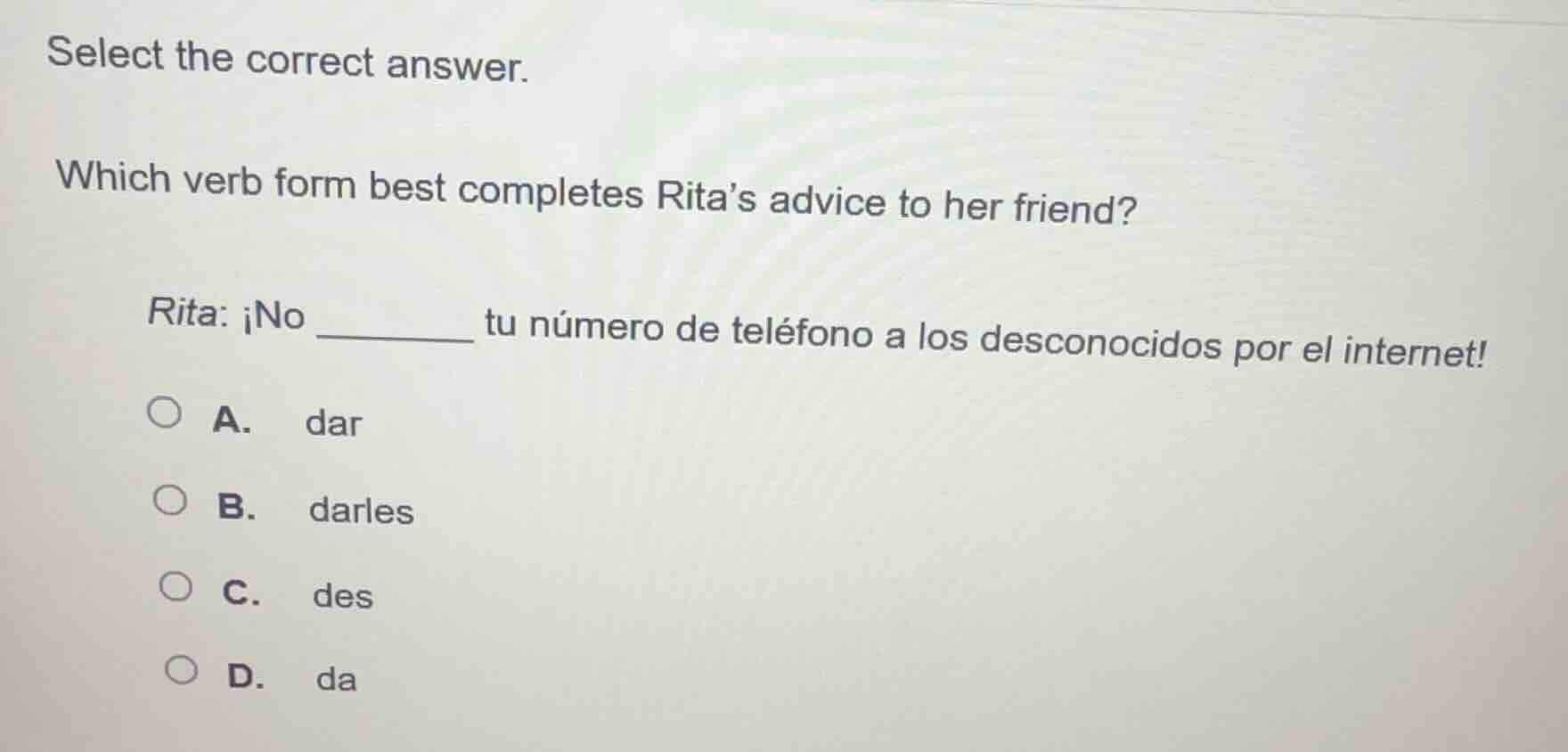 select the correct answer. which verb form best completes rita’s advice…