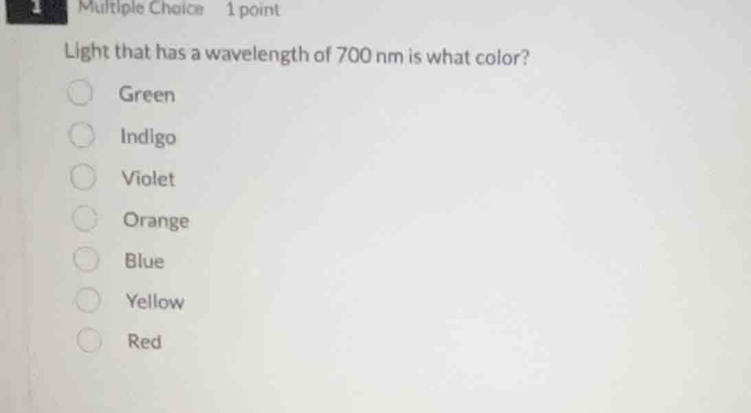multiple choice 1 point light that has a wavelength of 700 nm is what c…