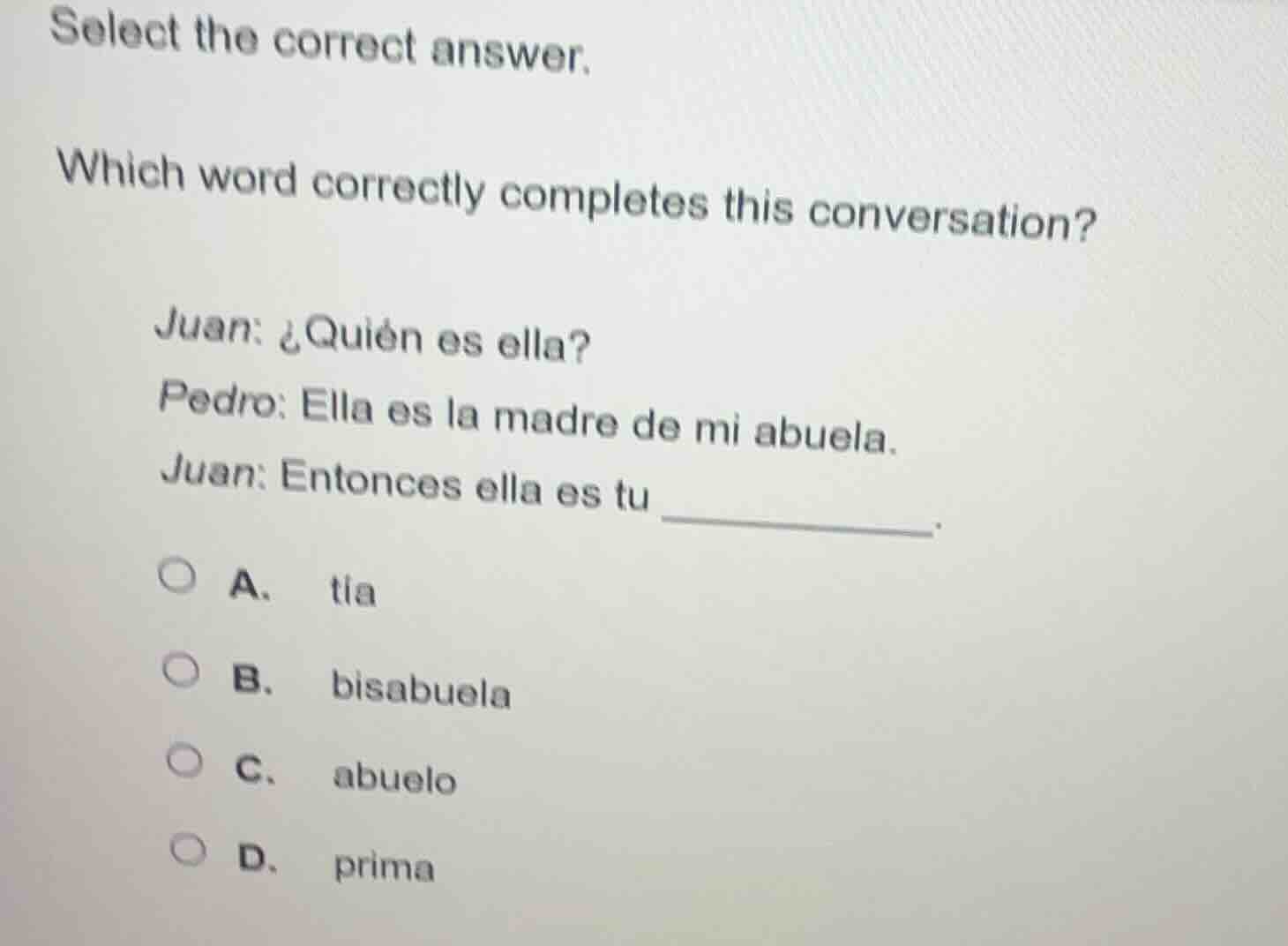 select the correct answer. which word correctly completes this conversa…