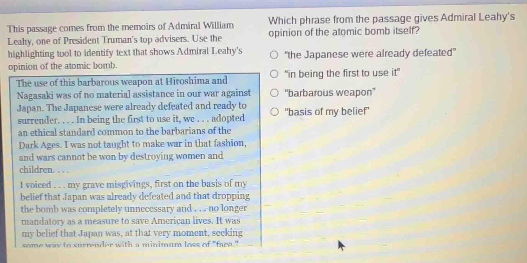 this passage comes from the memoirs of admiral william leahy, one of pr…