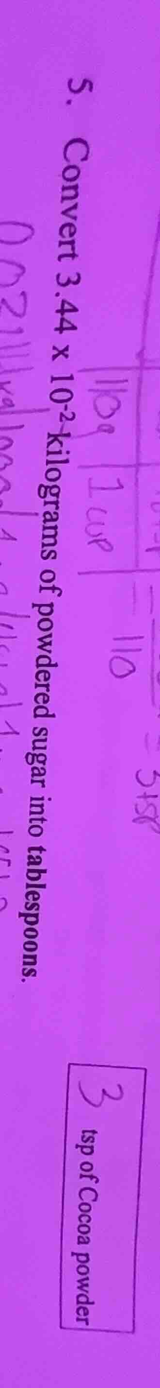 5. convert 3.44 × 10⁻² kilograms of powdered sugar into tablespoons.