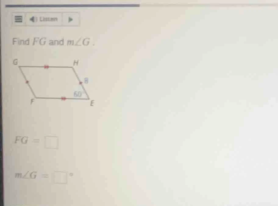 find fg and m∠g. fg = □ m∠g = □°