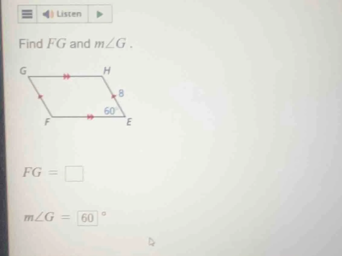 find fg and m∠g. fg = m∠g = 60 °