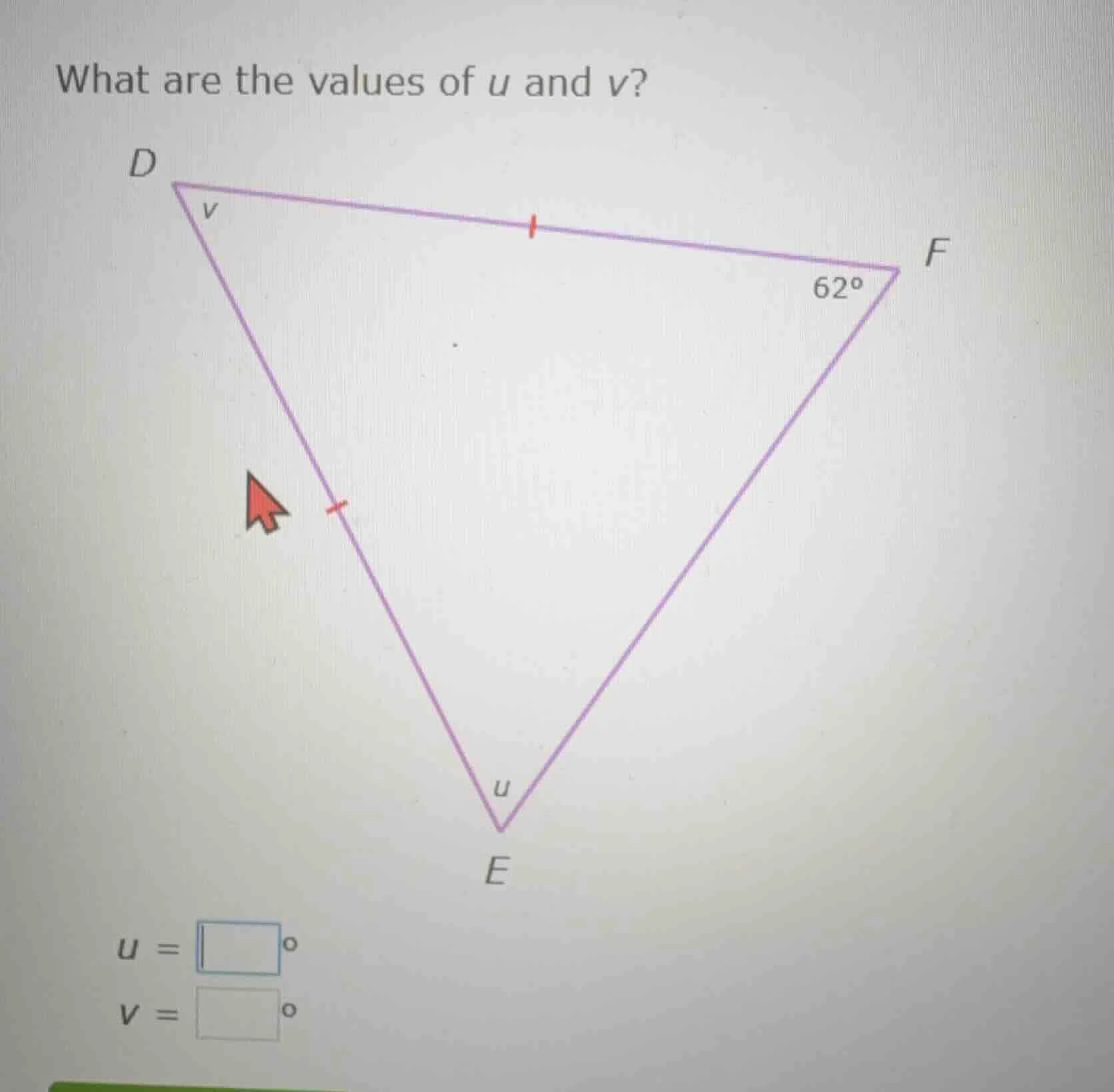 what are the values of u and v? triangle def with d at top left, e at b…