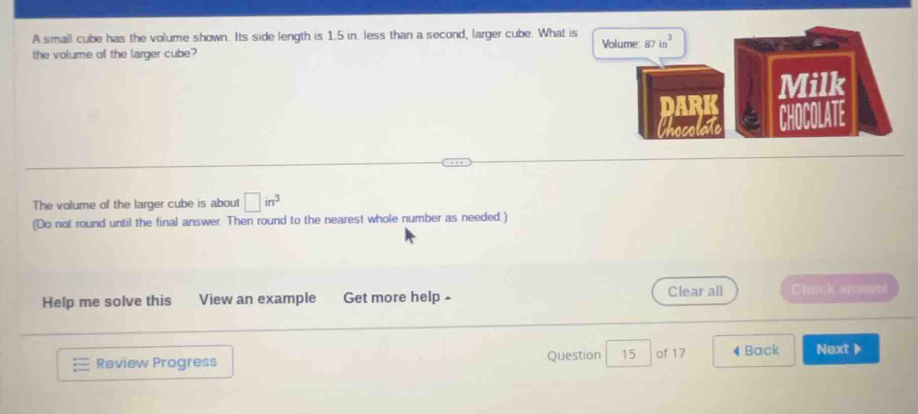 a small cube has the volume shown. its side length is 1.5 in. less than…