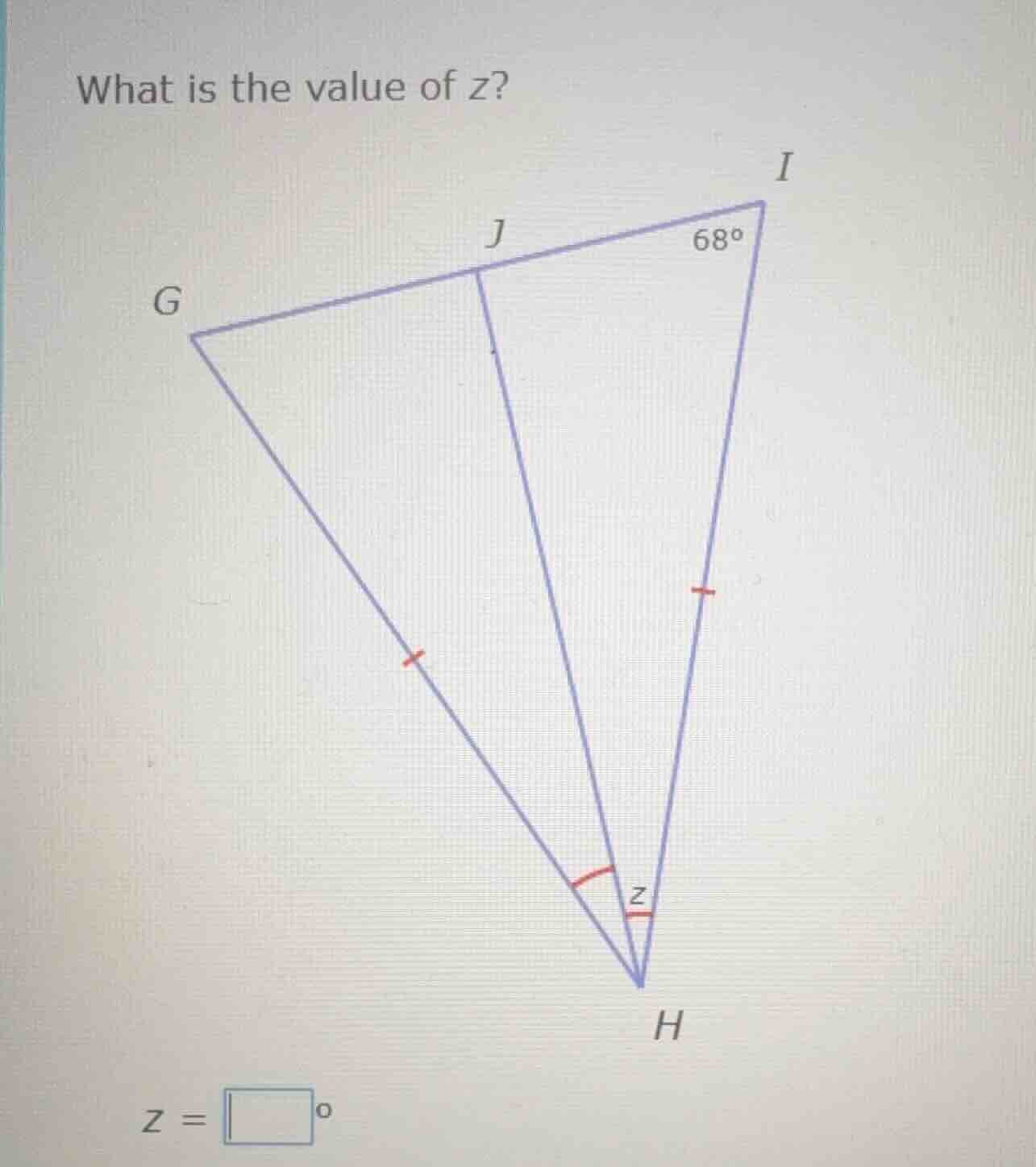 what is the value of z? triangle diagram with points g, j, i, h; angle …