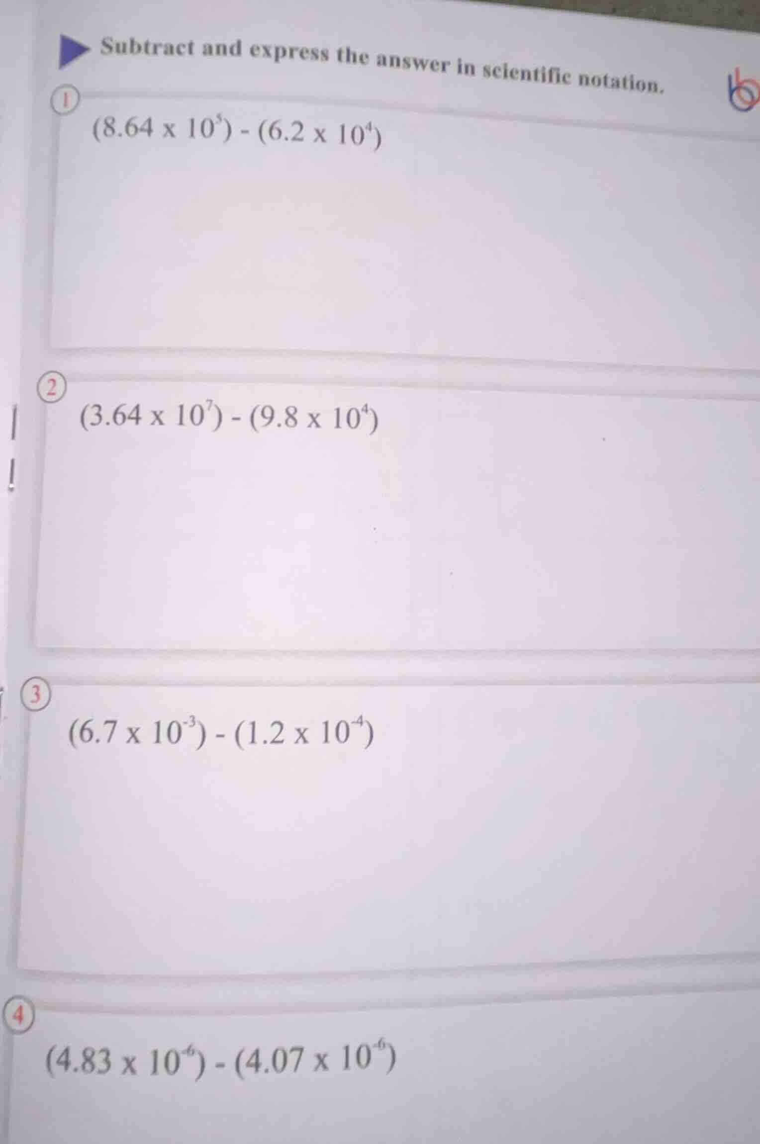 subtract and express the answer in scientific notation. 1 ((8.64 \times…