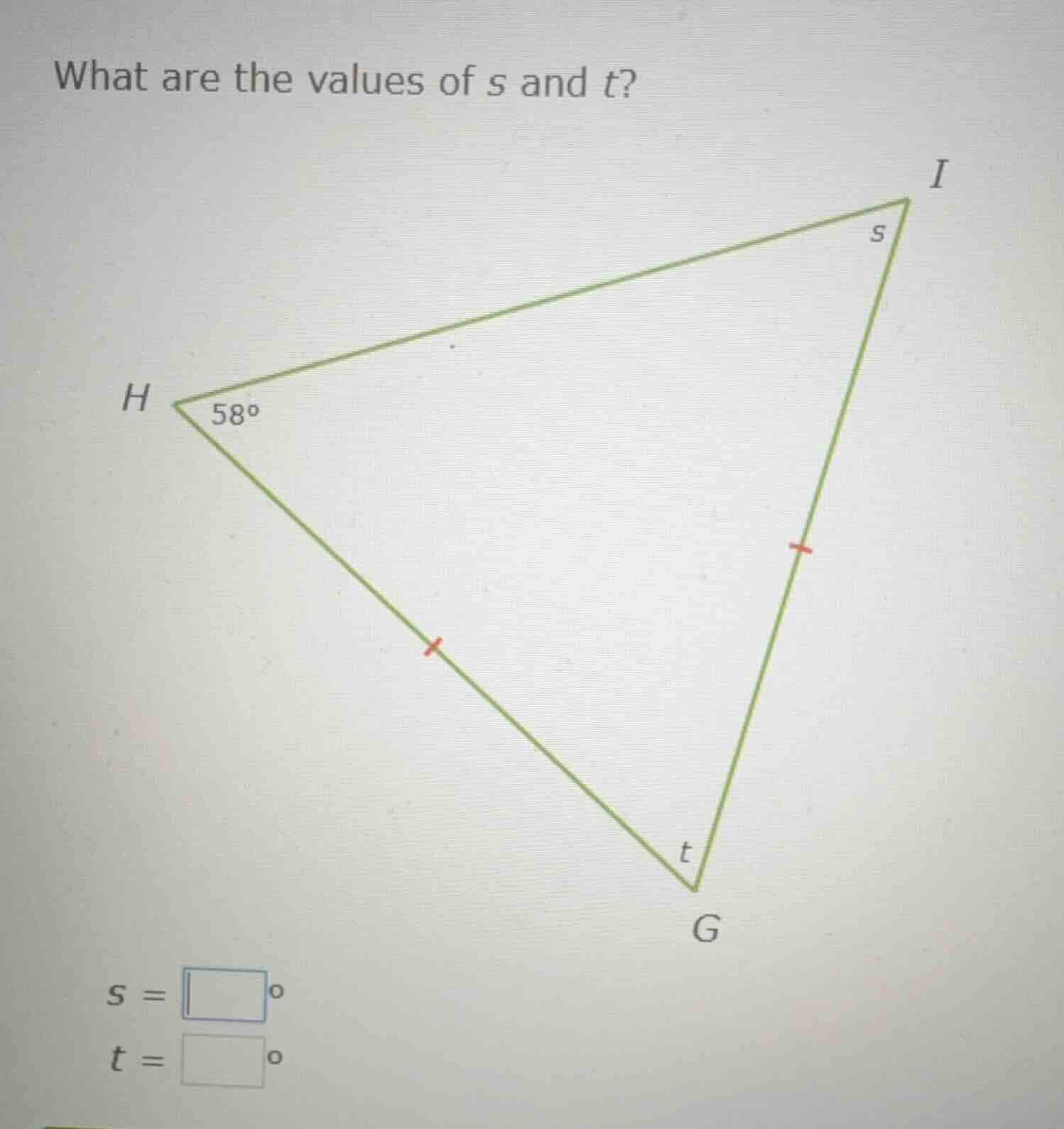 what are the values of s and t? (there is a triangle hgi with angle at …
